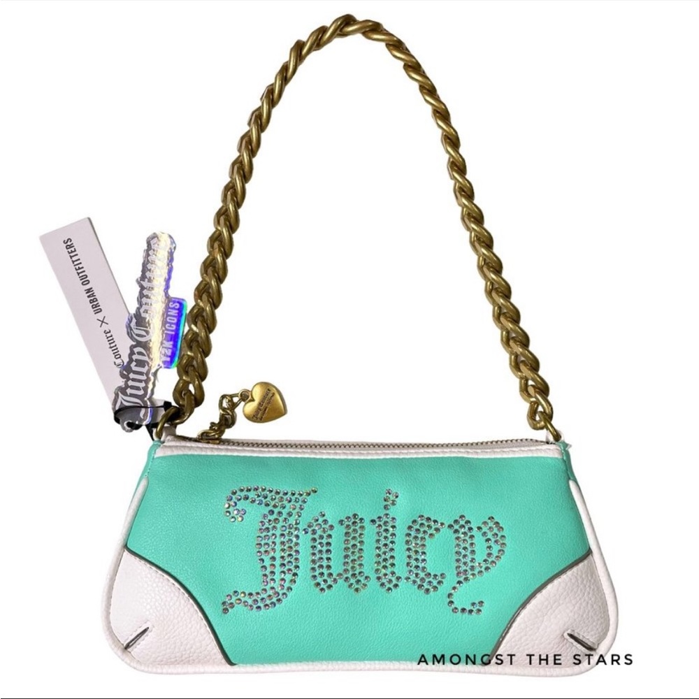 Juicy Couture Y2K Rhinestone Seafoam Green Baguette Shoulder Bag